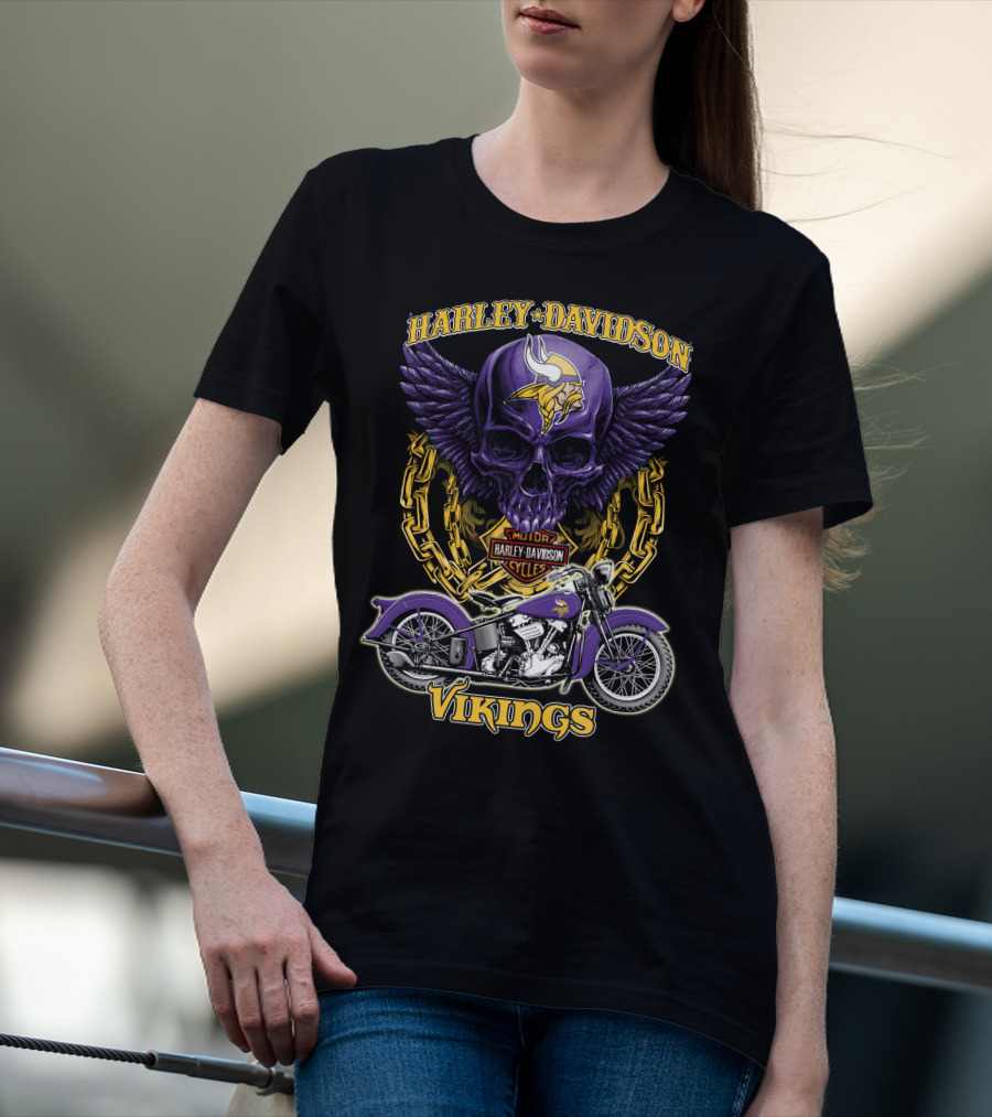 Harley Davidson Minnesota Vikings Nfl Motorcycle Cycles Skull T-Shirt