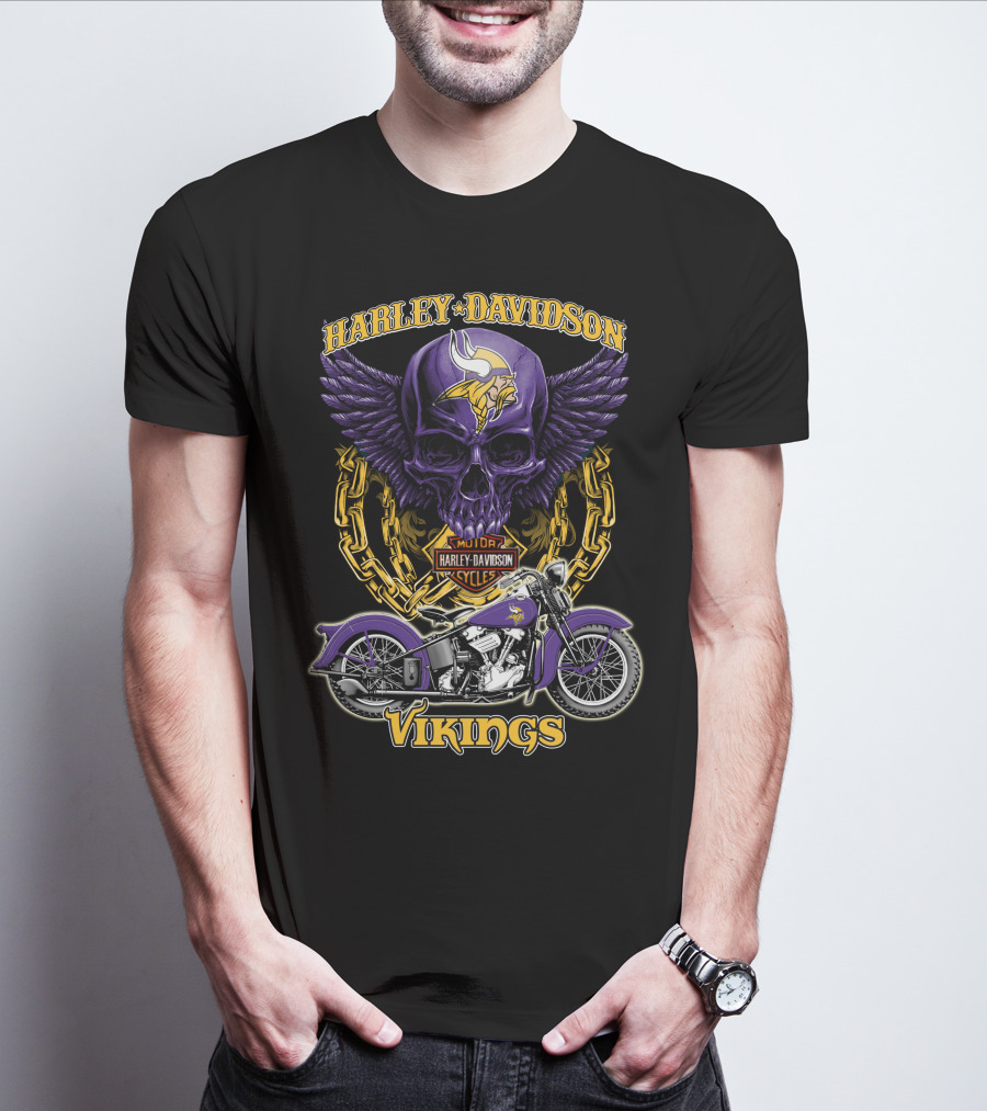 Harley Davidson Minnesota Vikings Nfl Motorcycle Cycles Skull T-Shirt