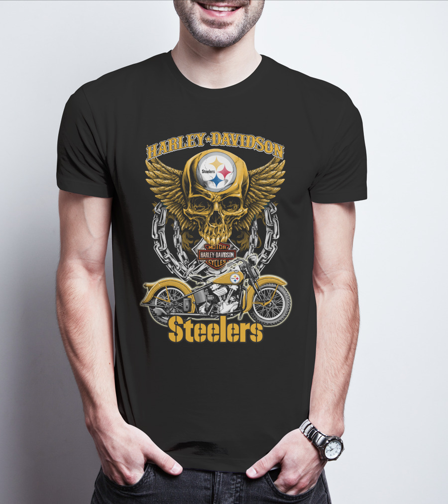 Pittsburgh Steelers Harley Davidson Winged Skull Motorcycle Nfl Hd18 T-Shirt