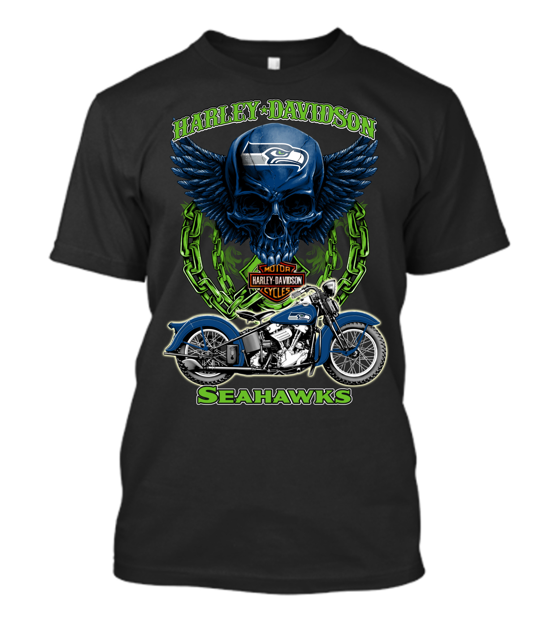 Harley Davidson Motorcycles Skull With Seattle Seahawks Logo And Bike Nfl Hd18 T-Shirt