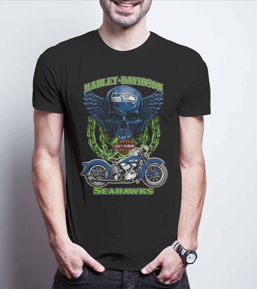 Harley Davidson Motorcycles Skull With Seattle Seahawks Logo And Bike Nfl Hd18 T-Shirt