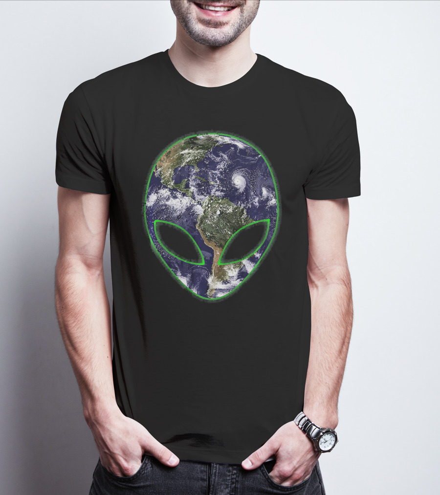 Aliens On Earth Grey Face With Planet T-Shirt