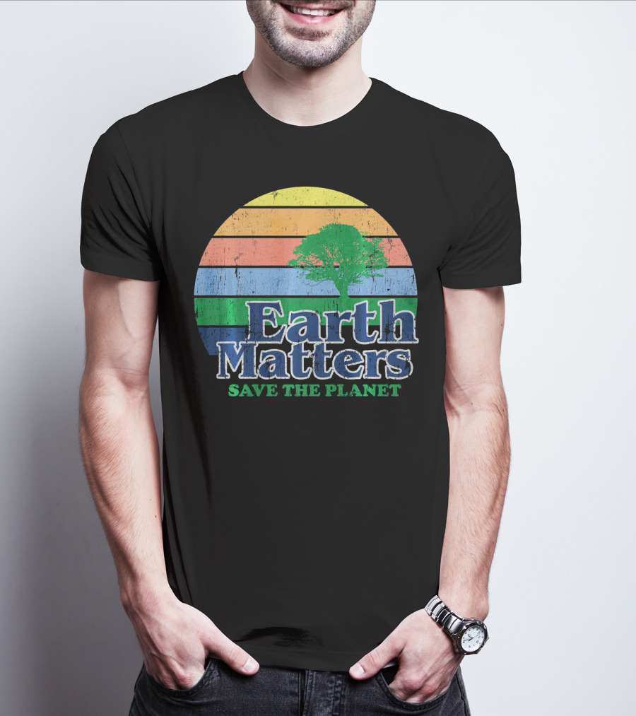 Earth Matters Save The Planet Earth Day Tree Retro Sunburst T-Shirt