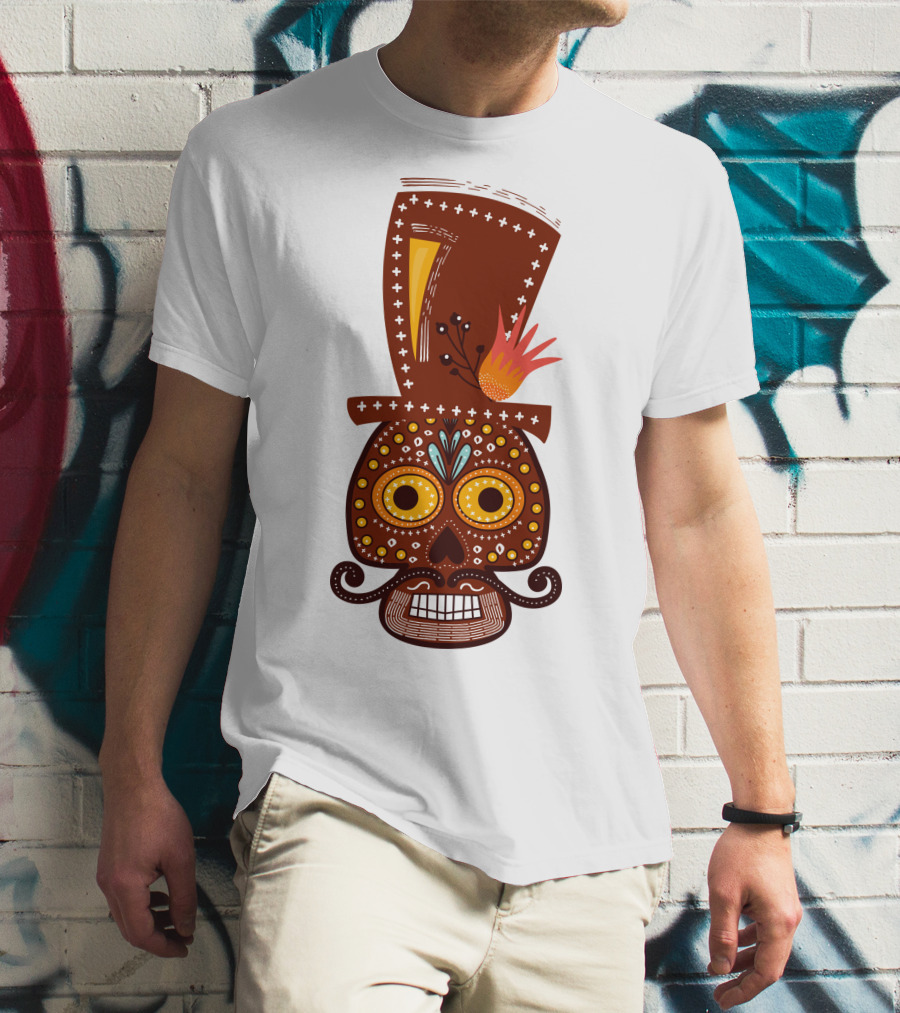 Skull Series 156 Colorful Day Of The Dead Sugar Skull Top Hat Mustache T-Shirt