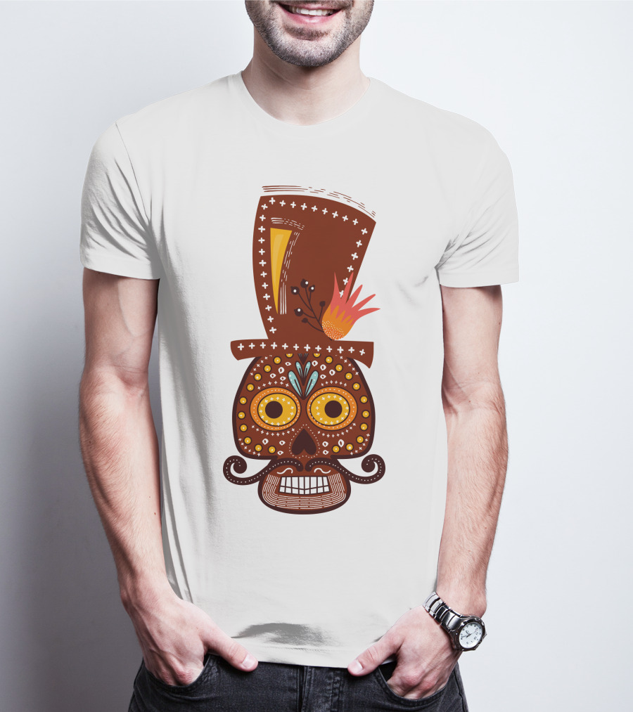 Skull Series 156 Colorful Day Of The Dead Sugar Skull Top Hat Mustache T-Shirt