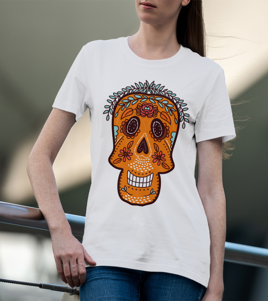 Skull Smile Sugar Skull Floral Día De Los Muertos T-Shirt