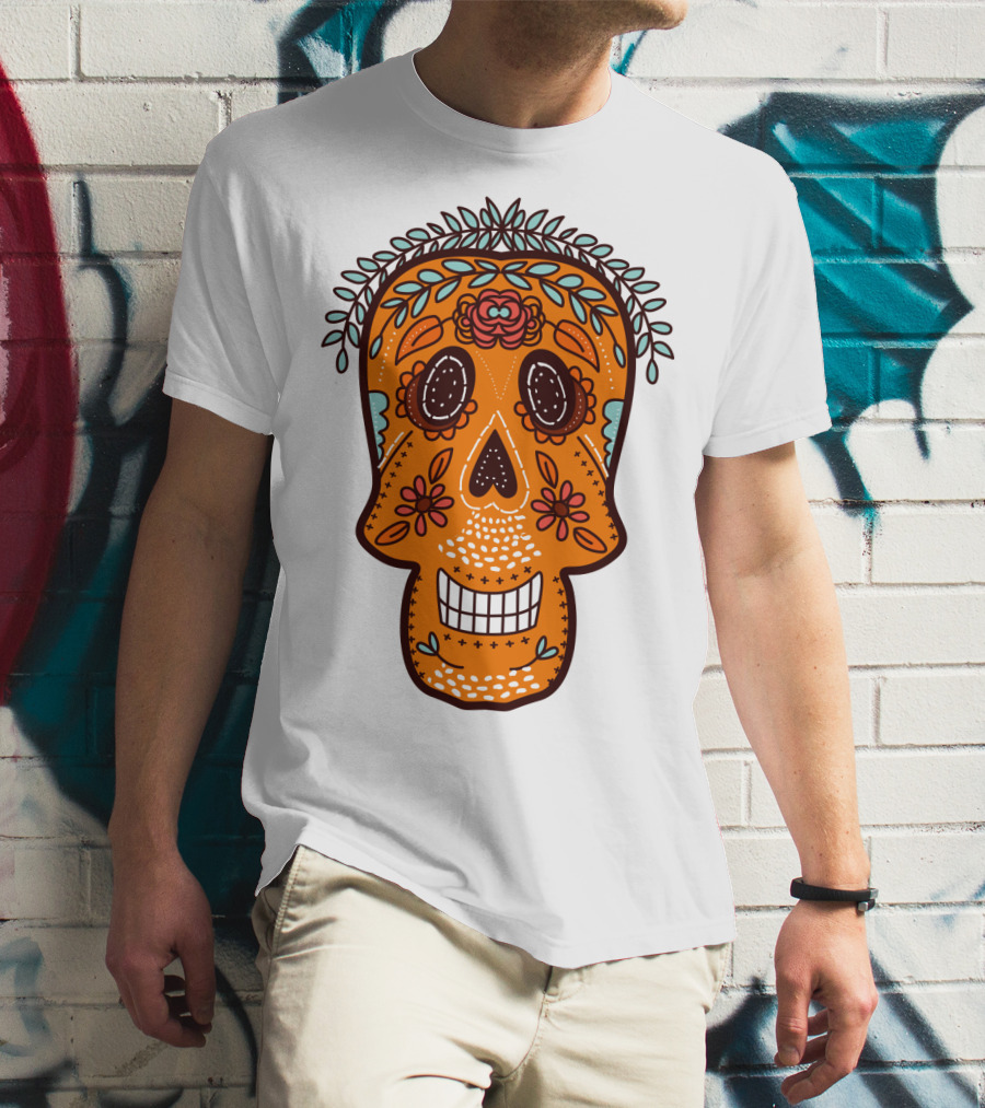 Skull Smile Sugar Skull Floral Día De Los Muertos T-Shirt