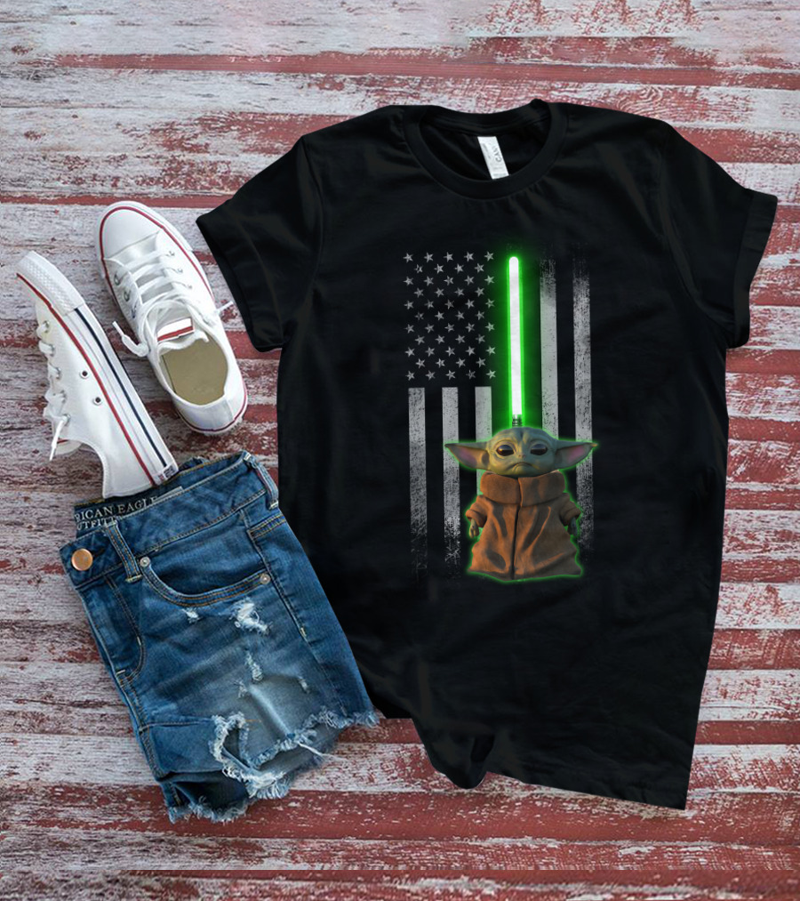 Baby Yoda Lightsaber American Flag Background T-Shirt