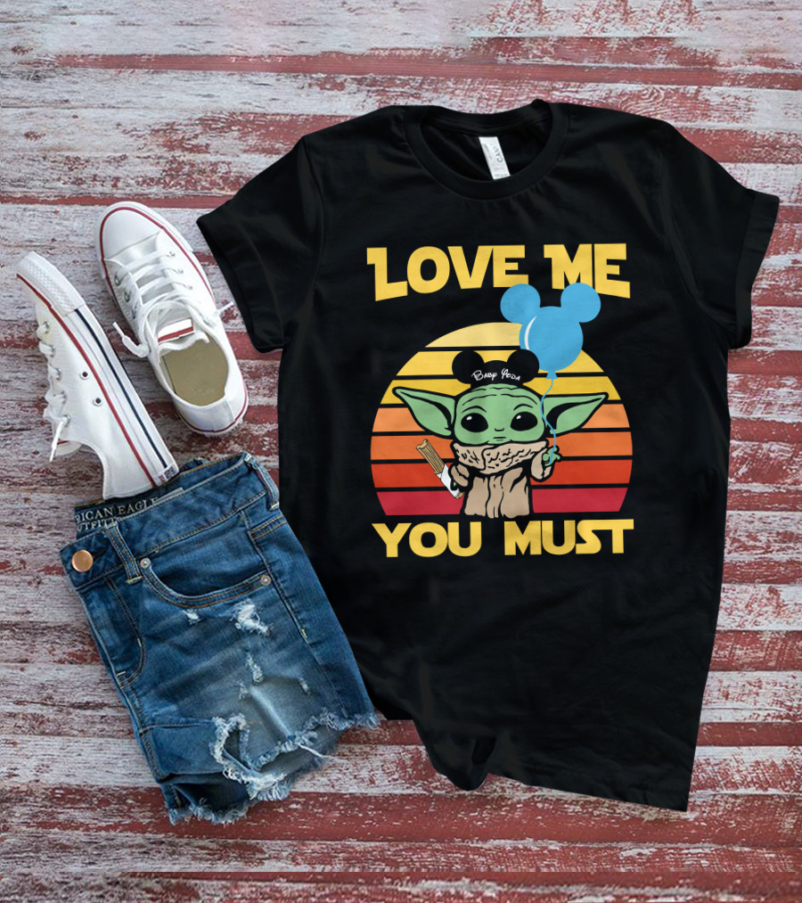LOVE ME YOU MUST BABY YODA MICKEY EARS BALLOON VINTAGE STRIPES T-Shirt