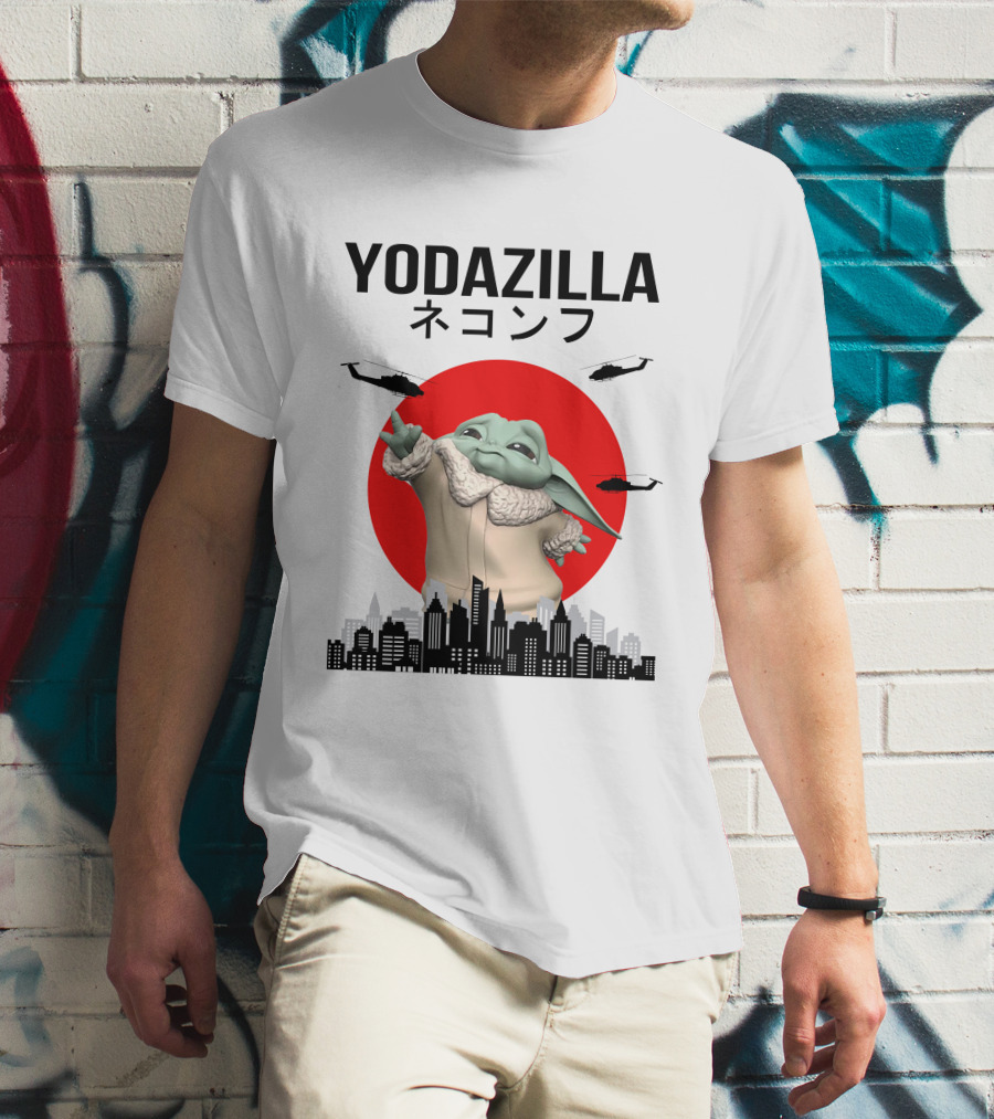 Yodazilla Helicopters City Skyline Red Sun T-Shirt