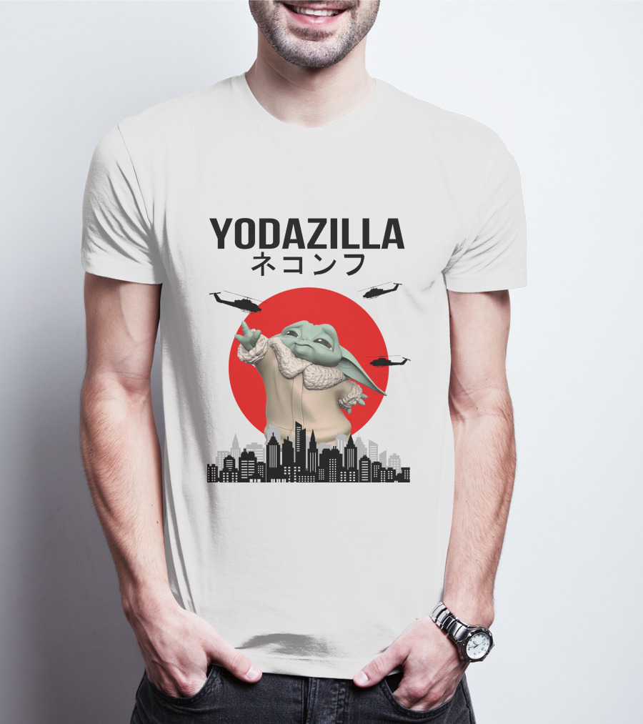 Yodazilla Helicopters City Skyline Red Sun T-Shirt