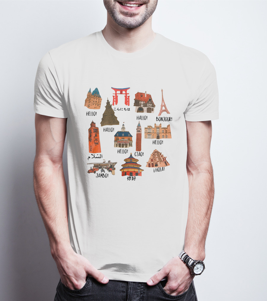 Epcot World Showcase Hello Konnichiwa Bonjour Ciao Jambo Hola Iconic Landmarks T-Shirt