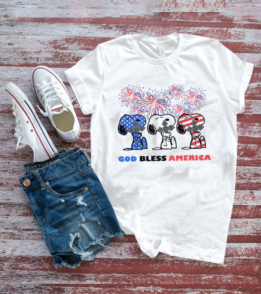 God Bless America Snoopy Cross Fireworks Fourth Of July T-Shirt