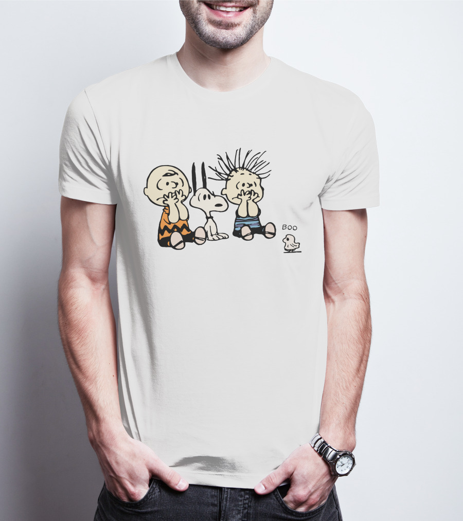 Peanuts Characters With Snoopy And Bird Saying Boo T-Shirt