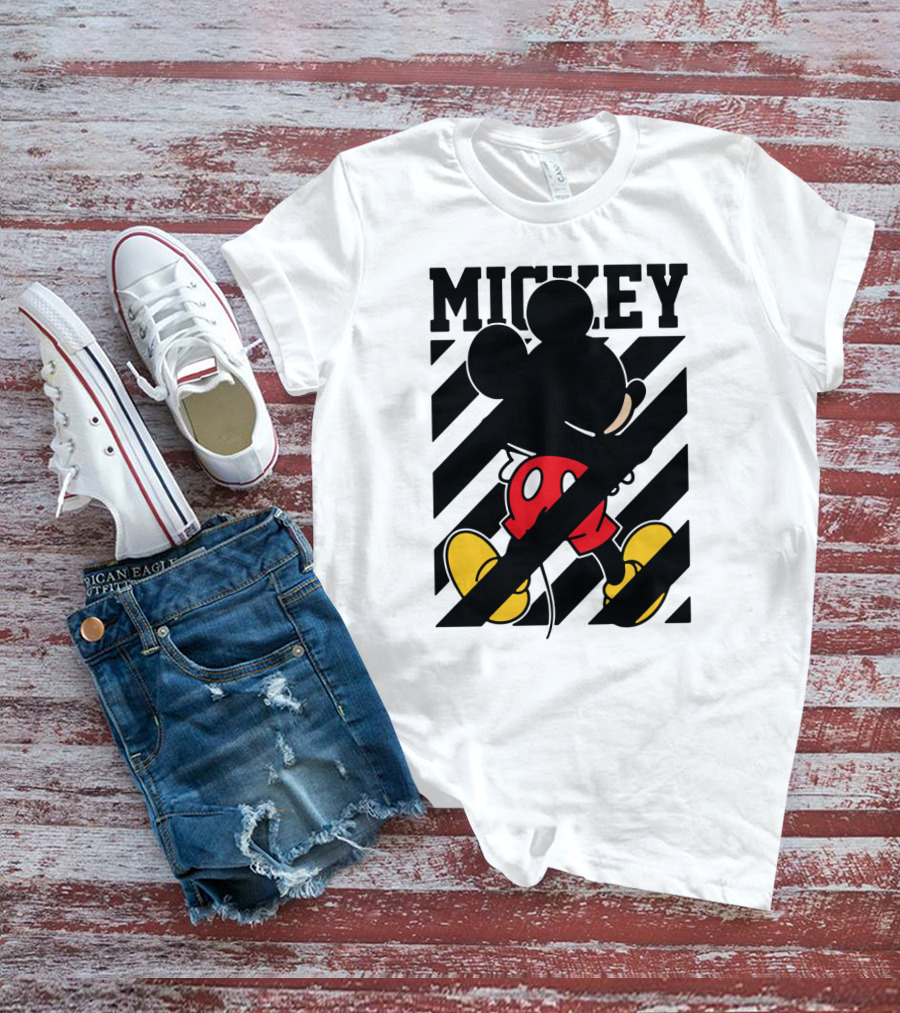 Mickey Mouse Black And White Stripes Red Yellow T-Shirt