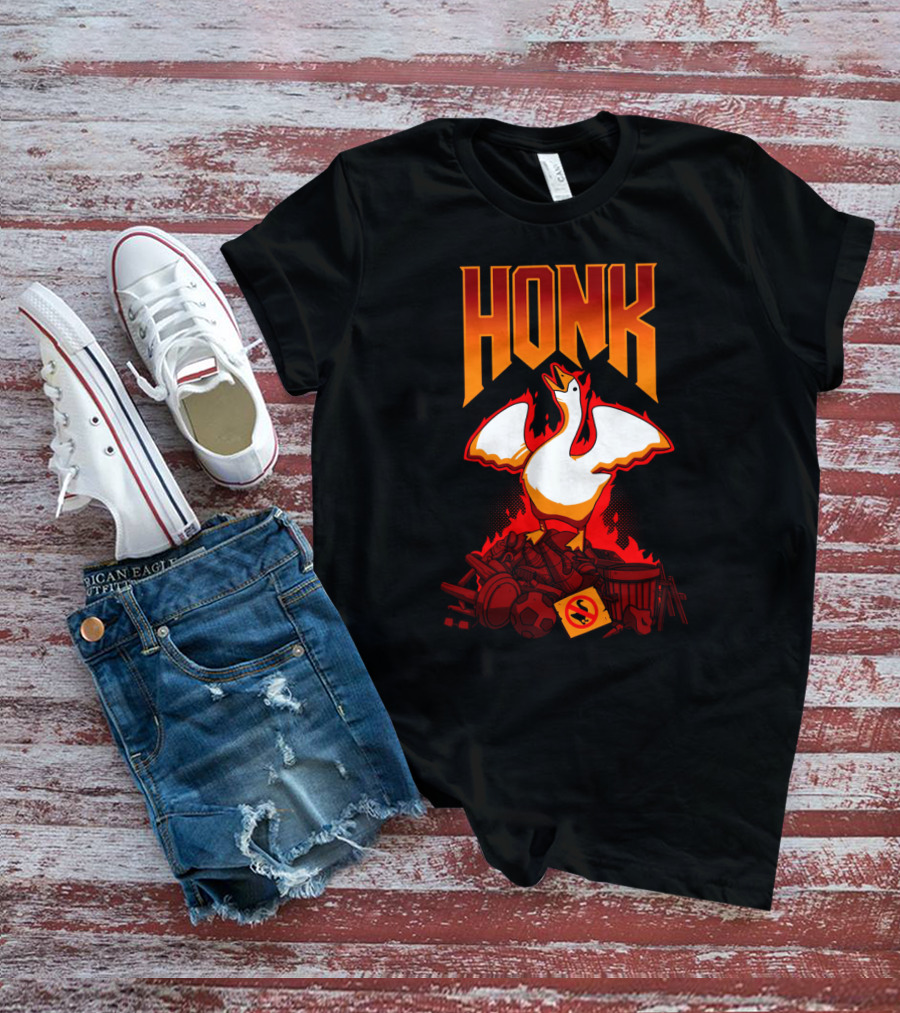 HONK Goose On Junk Pile With Flames T-Shirt