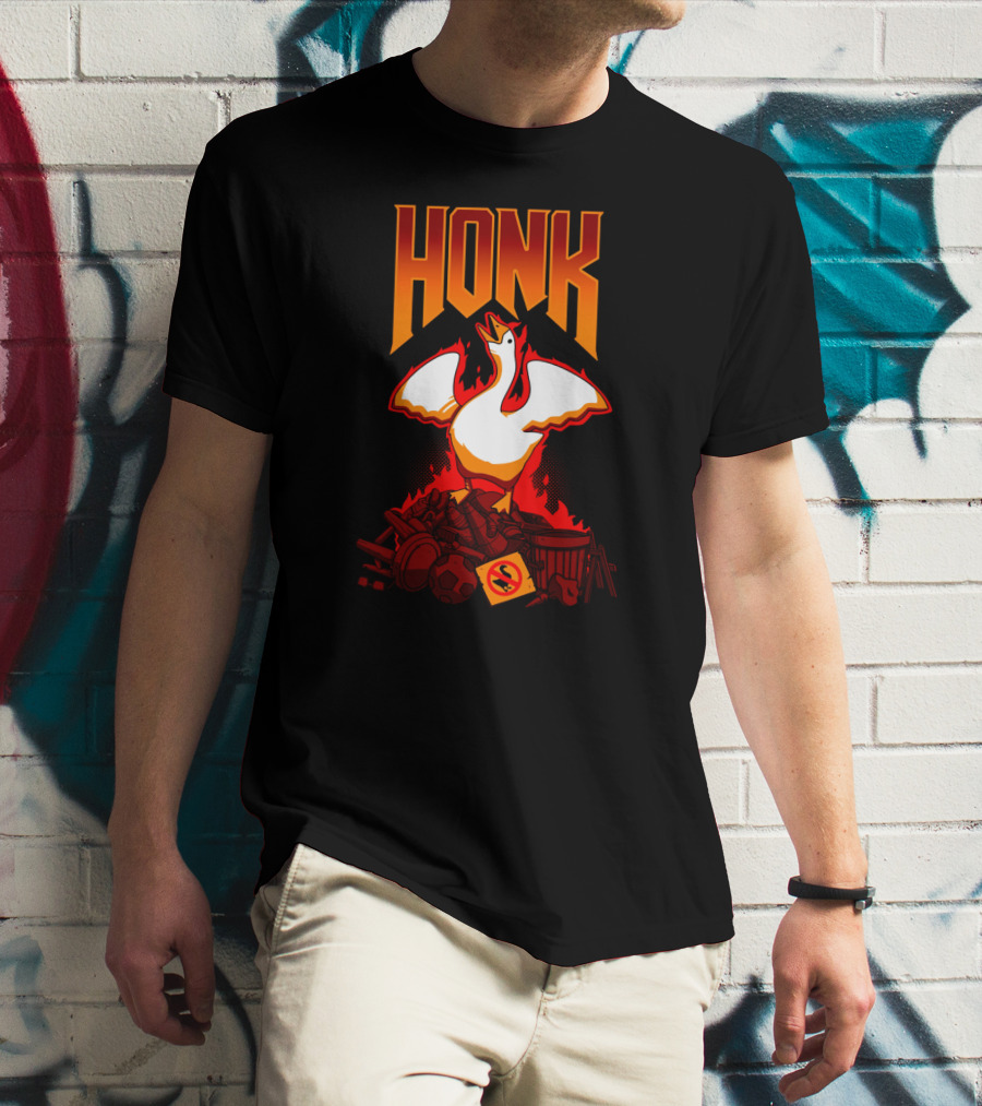 HONK Goose On Junk Pile With Flames T-Shirt