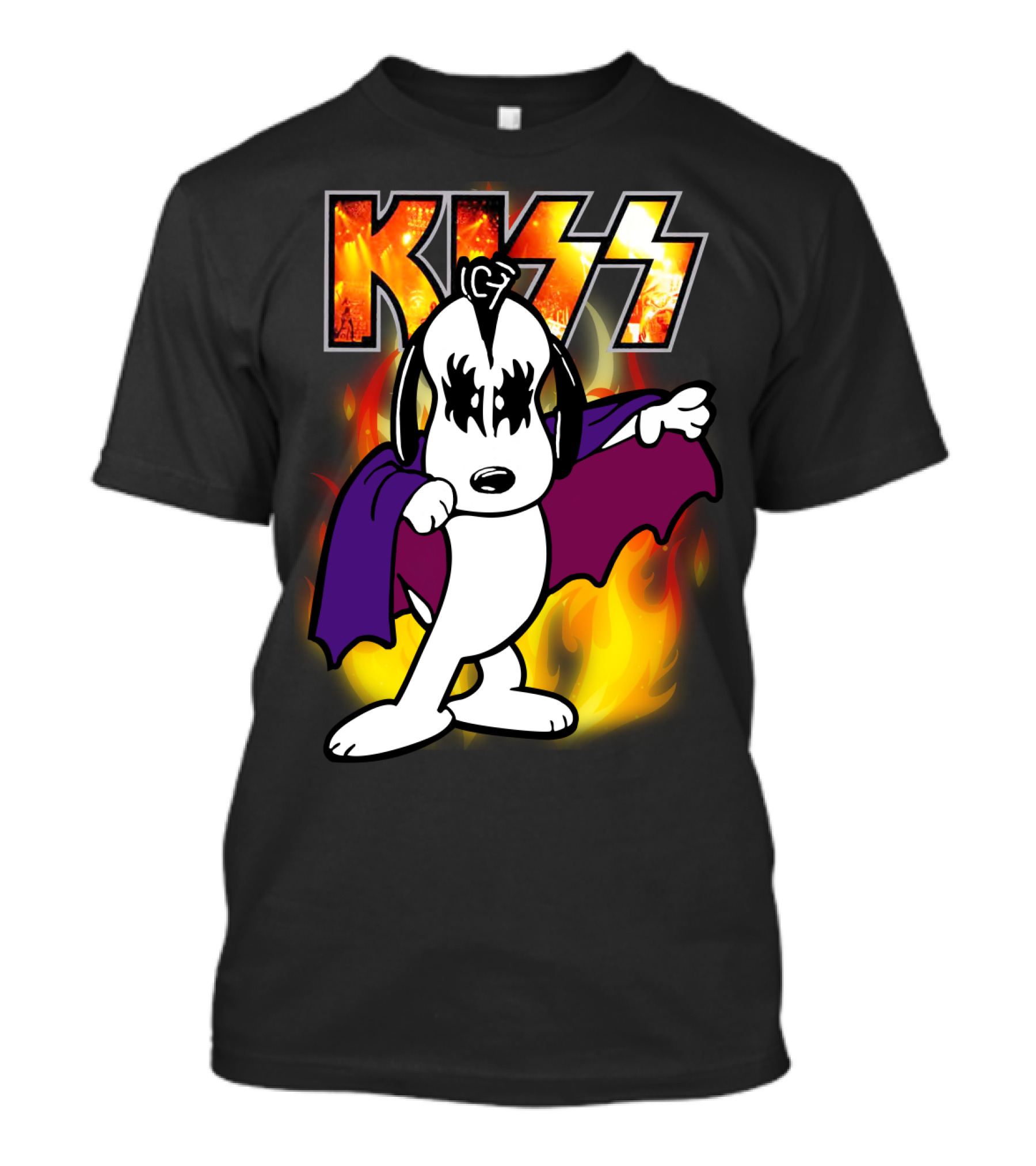 KISS Snoopy Peanuts Mashup With Flames And Comic T-Shirt