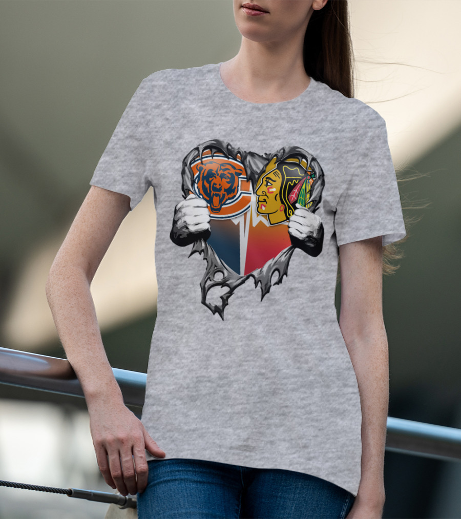 Chicago Bears And Blackhawks Heart T-Shirt