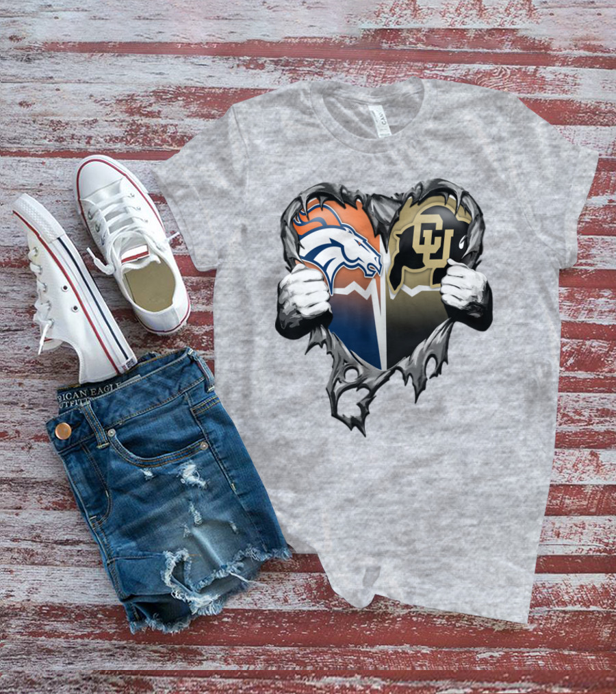 Denver Broncos And Colorado Buffaloes Heart Logo Rip T-Shirt