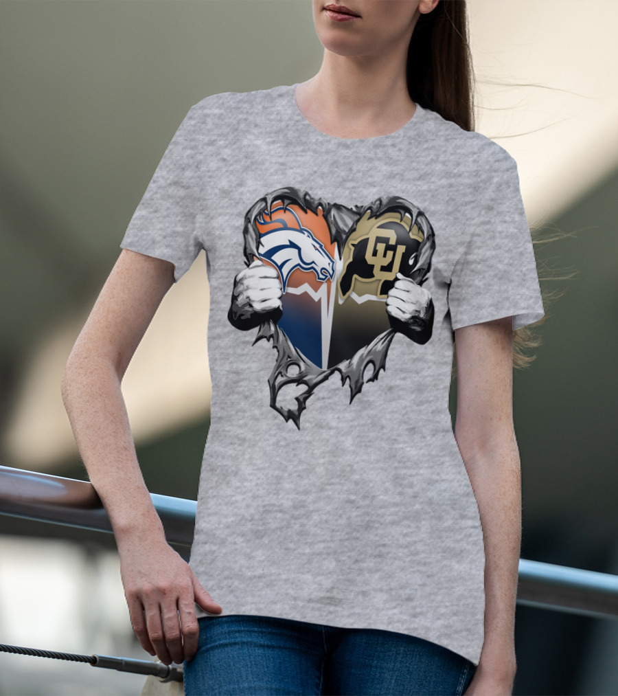 Denver Broncos And Colorado Buffaloes Heart Logo Rip T-Shirt