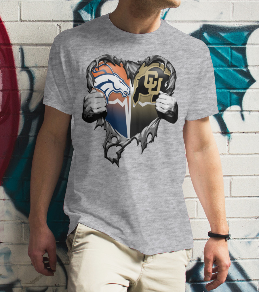 Denver Broncos And Colorado Buffaloes Heart Logo Rip T-Shirt