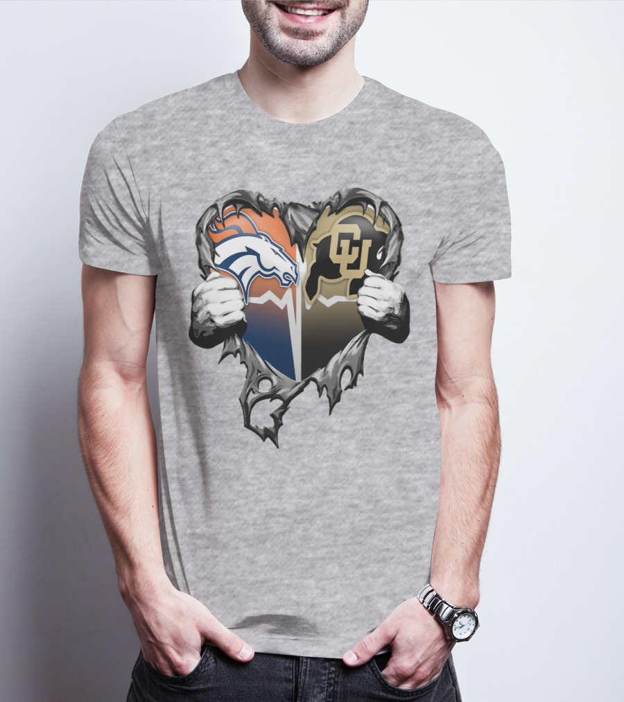 Denver Broncos And Colorado Buffaloes Heart Logo Rip T-Shirt