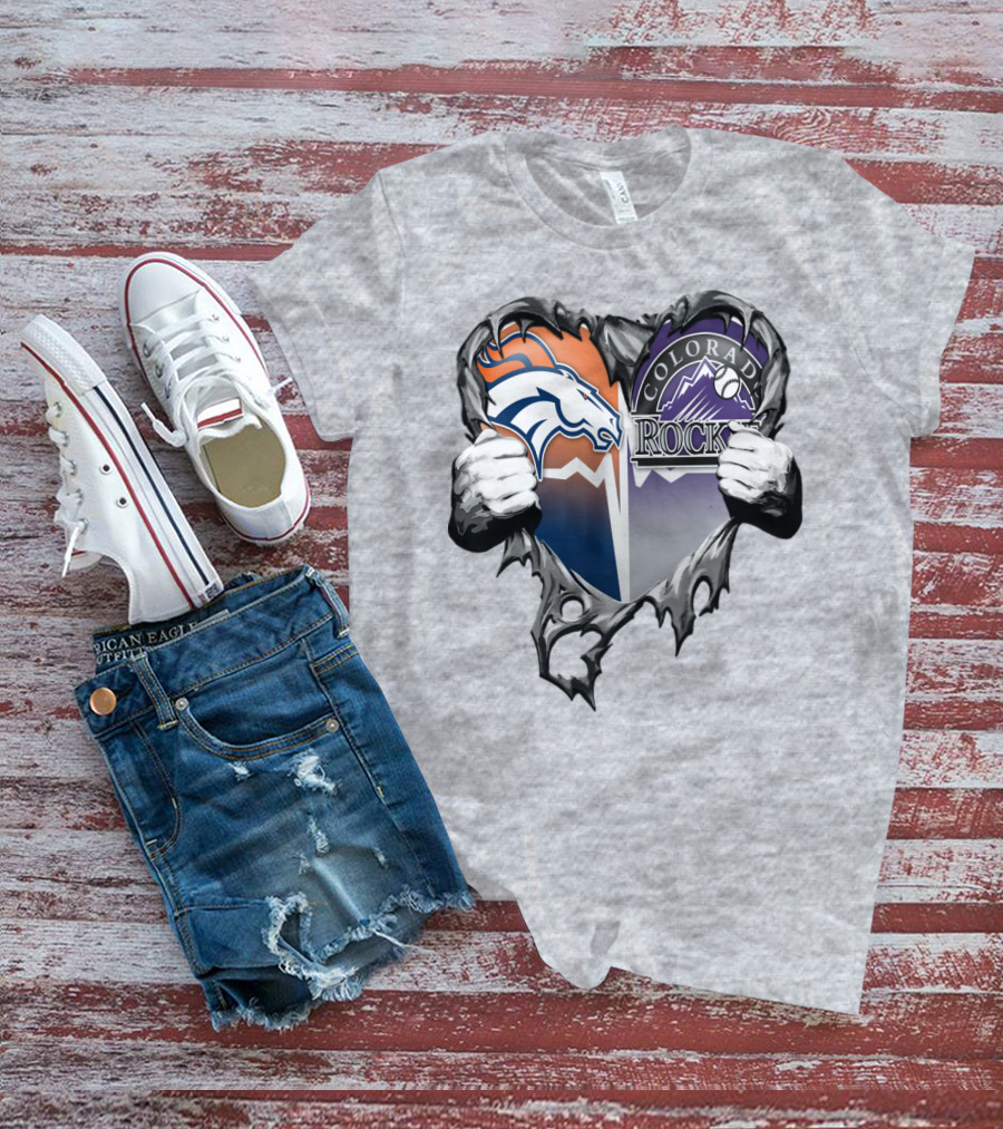 Denver Broncos Colorado Rockies Split Heart T-Shirt