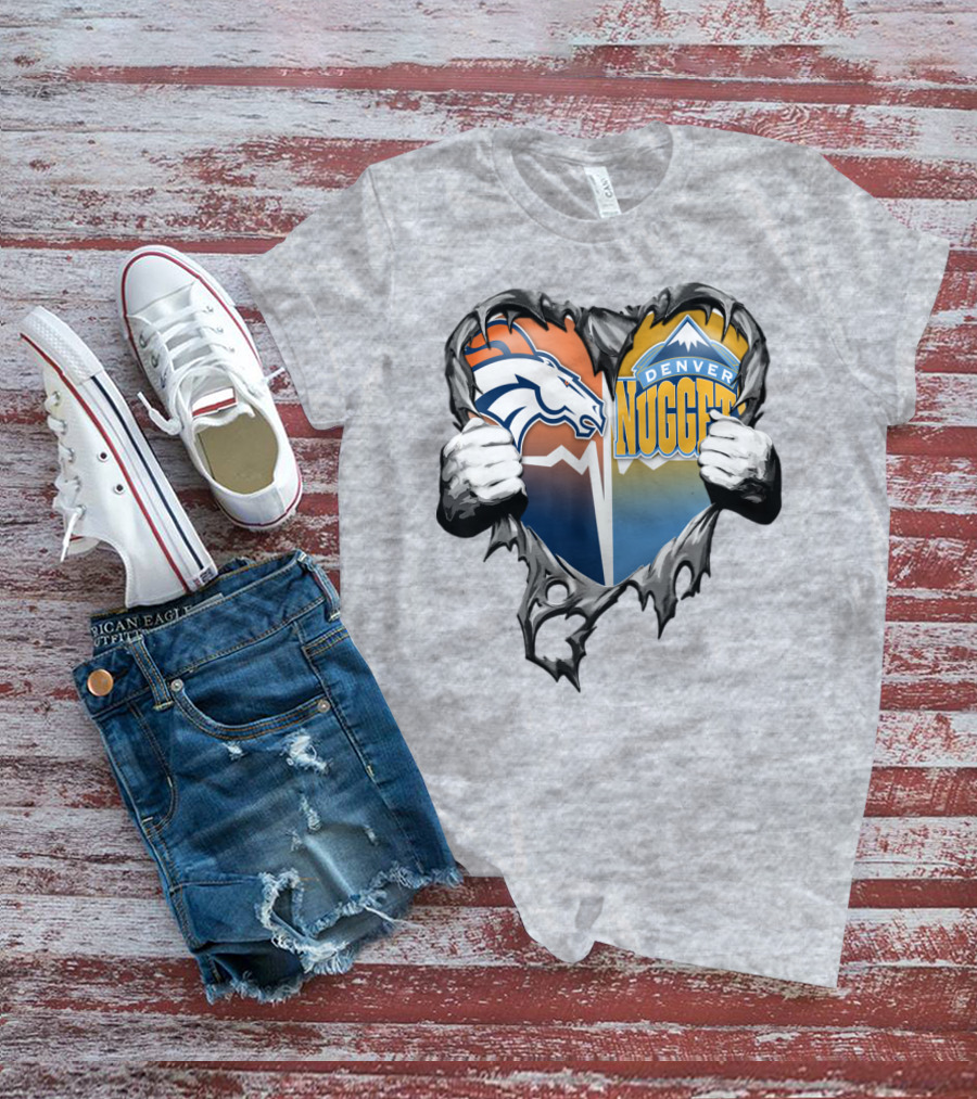 Broncos Nuggets Torn Heart Logo Fusion T-Shirt