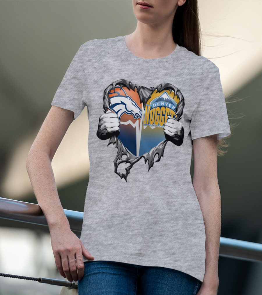Broncos Nuggets Torn Heart Logo Fusion T-Shirt