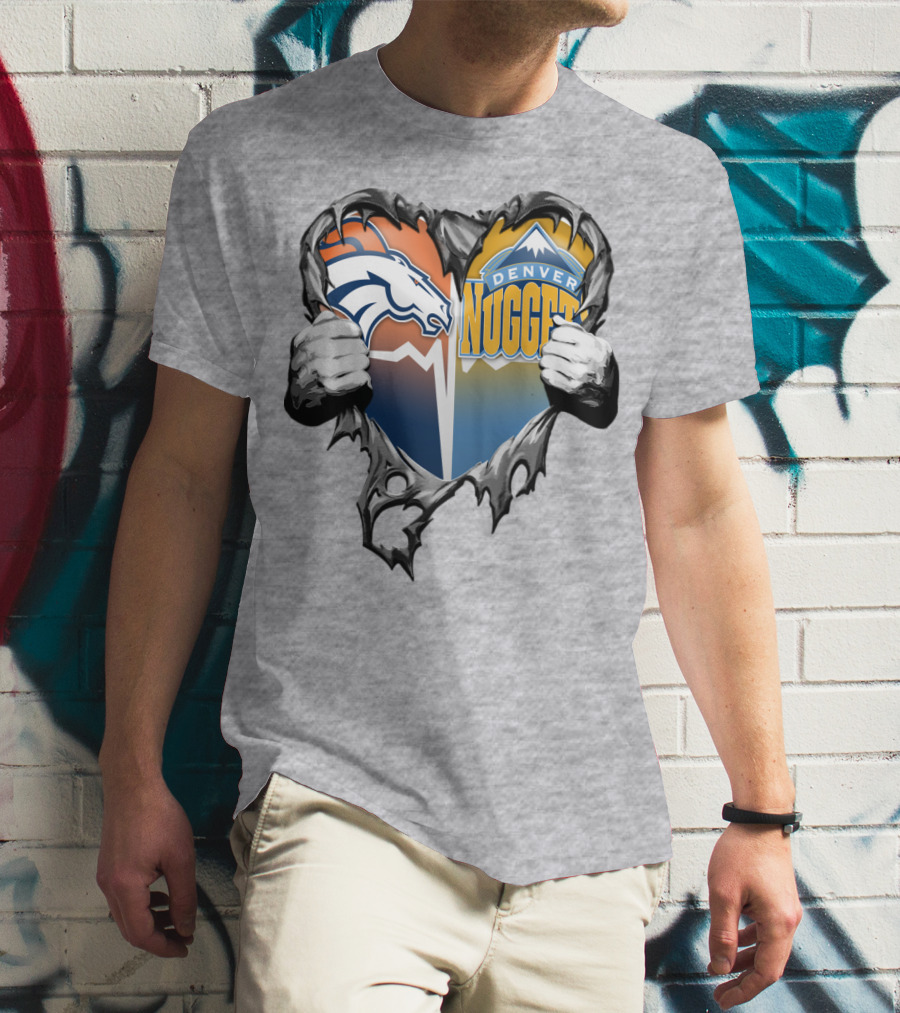 Broncos Nuggets Torn Heart Logo Fusion T-Shirt