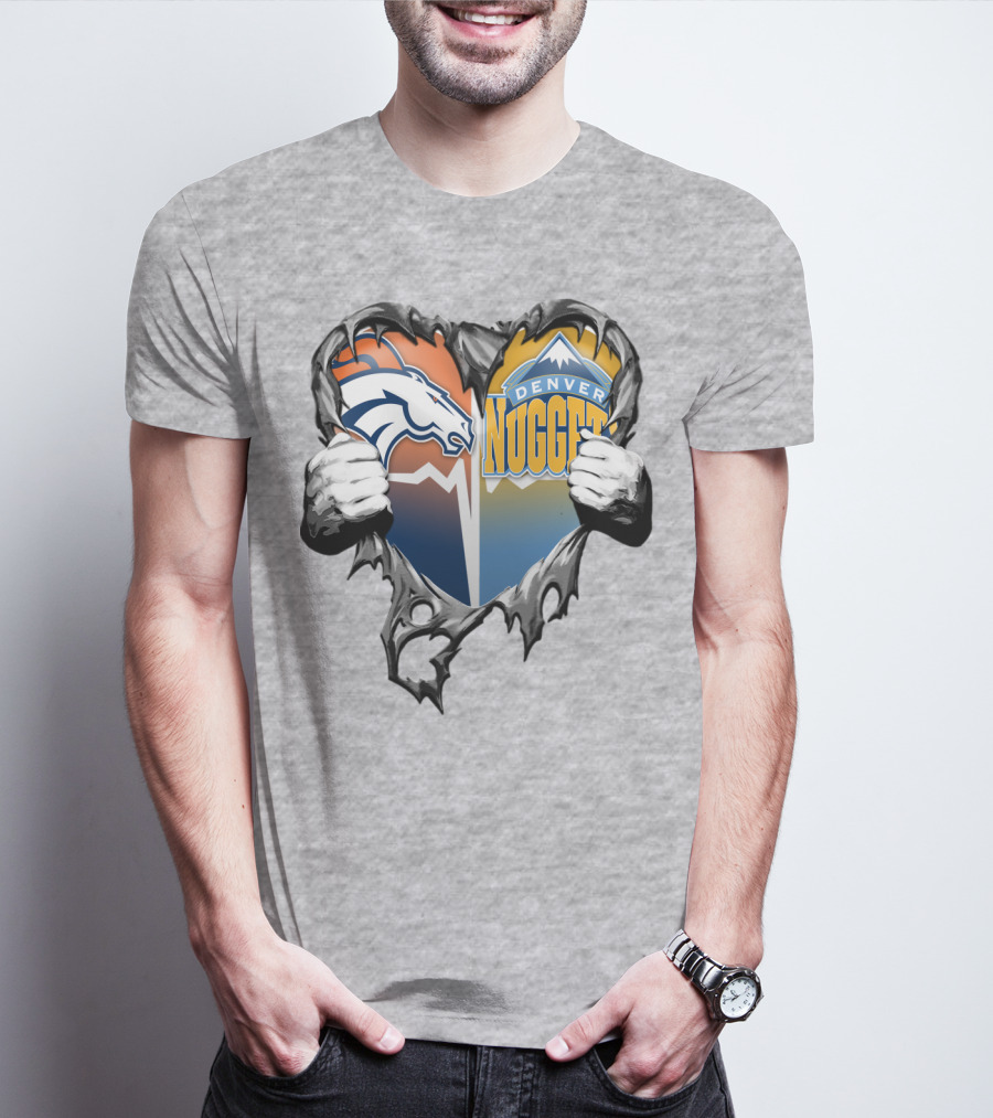 Broncos Nuggets Torn Heart Logo Fusion T-Shirt