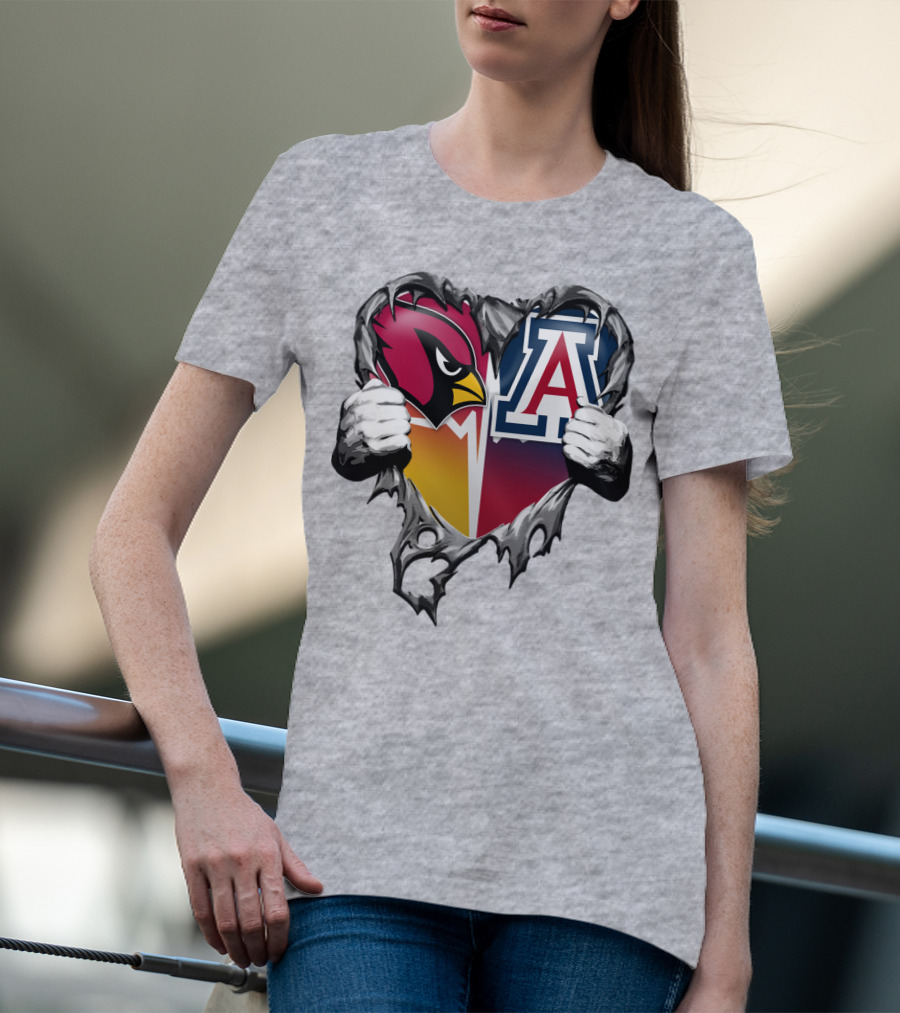 Arizona Cardinals And Arizona Wildcats Heart Tear T-Shirt