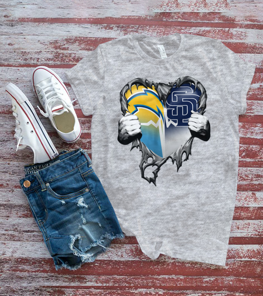 Los Angeles Chargers San Diego Padres Heart Logo Fusion T-Shirt