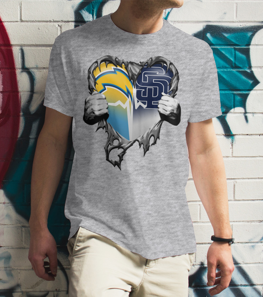 Los Angeles Chargers San Diego Padres Heart Logo Fusion T-Shirt