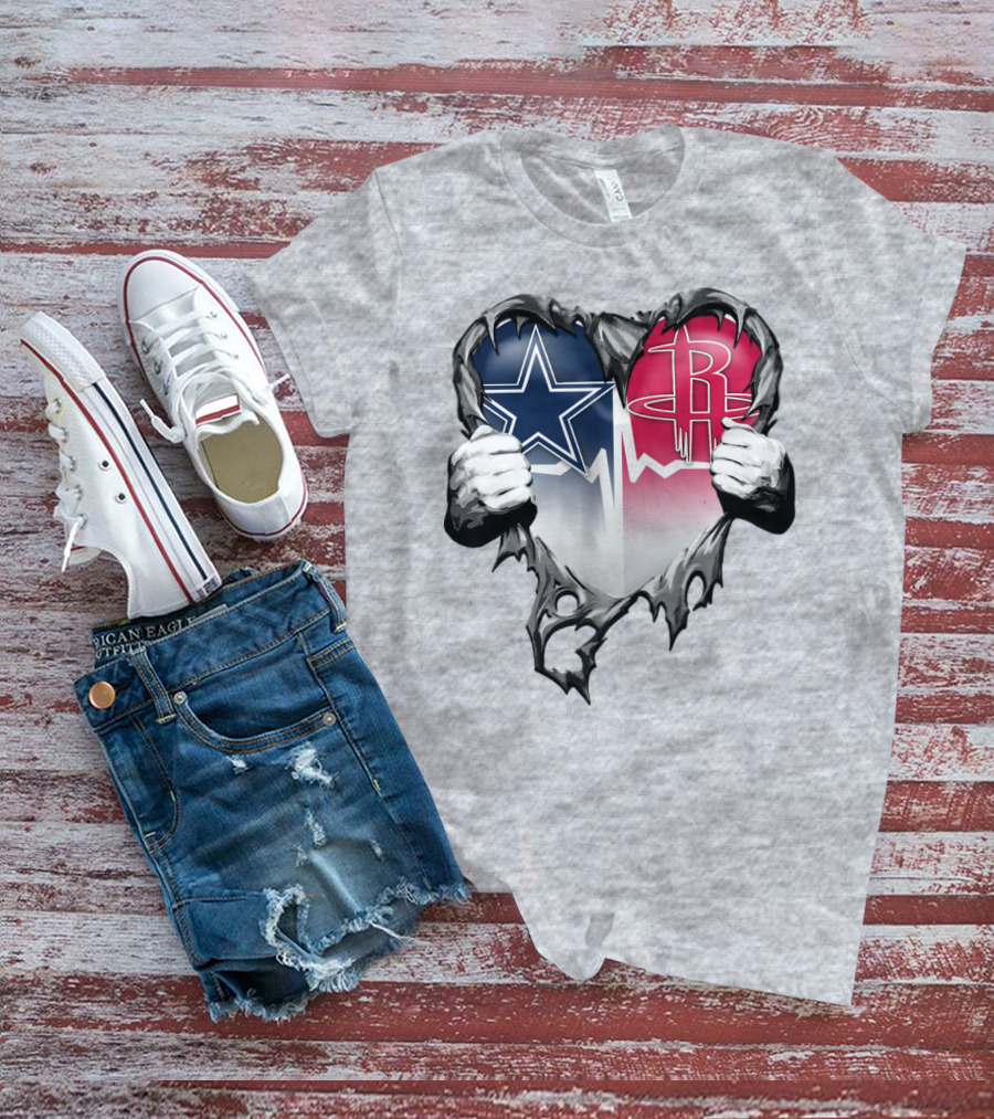 Dallas Cowboys Houston Rockets Torn Heart Logo Fusion T-Shirt