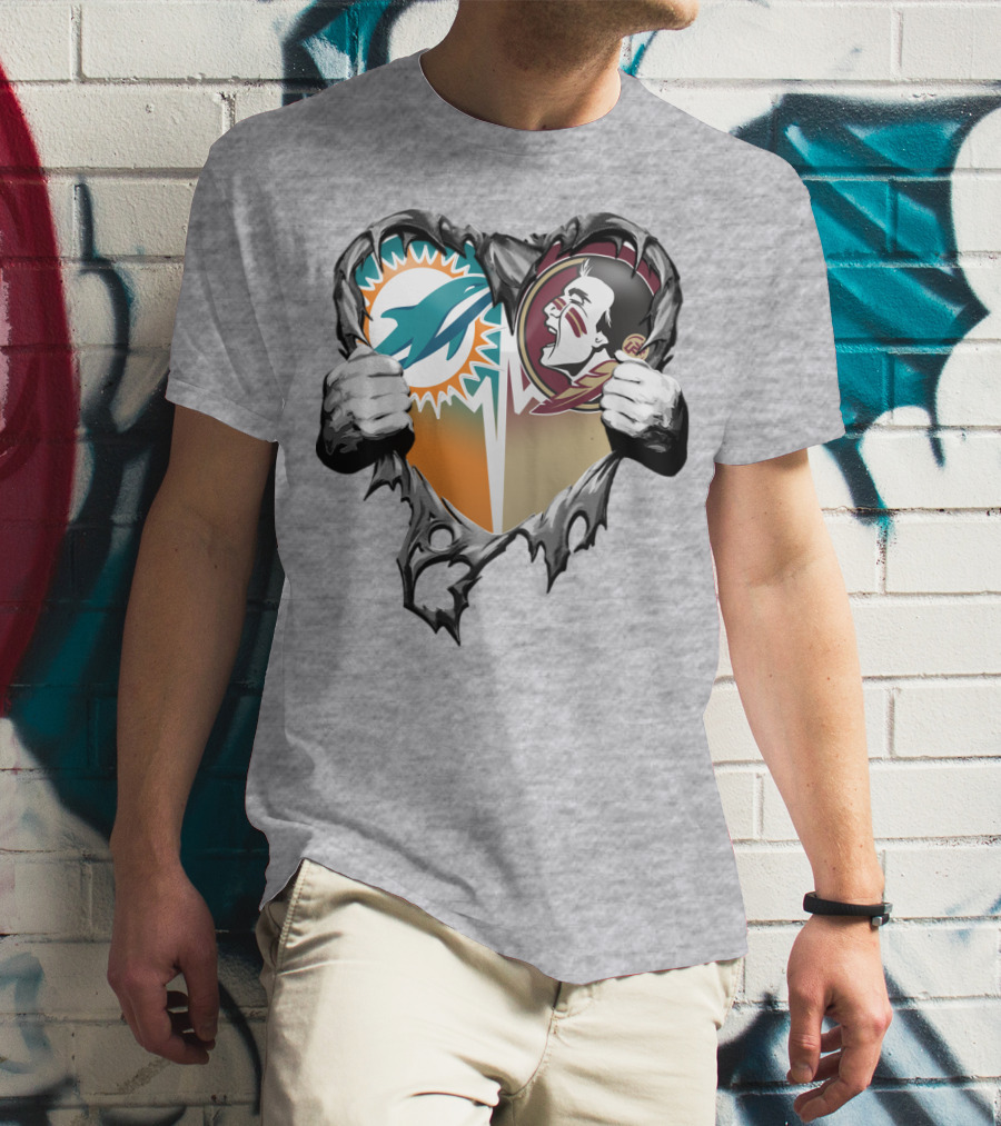 Miami Dolphins Florida State Seminoles Heart Tear T-Shirt