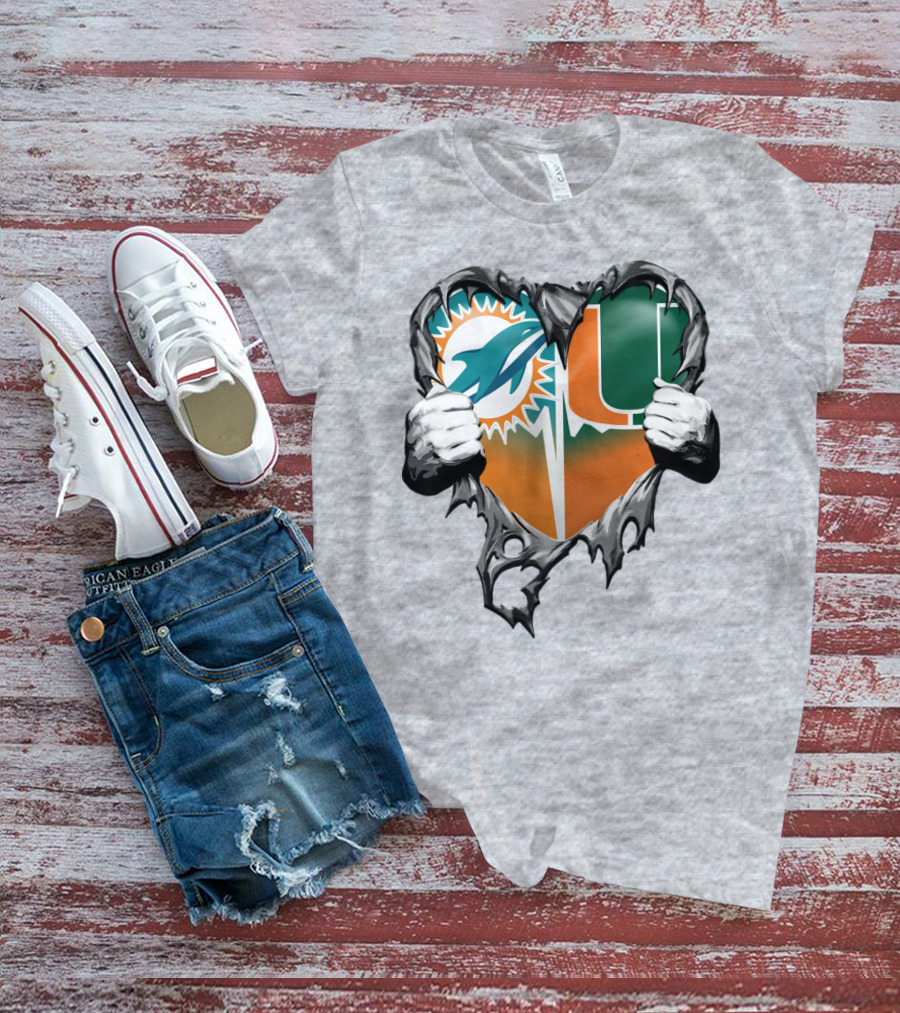 Miami Dolphins And Miami Hurricanes Heart T-Shirt