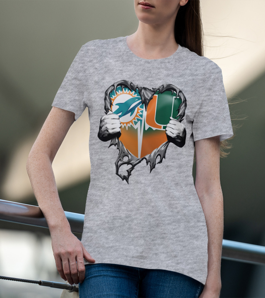 Miami Dolphins And Miami Hurricanes Heart T-Shirt