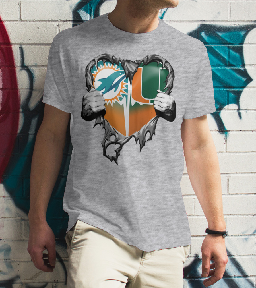 Miami Dolphins And Miami Hurricanes Heart T-Shirt