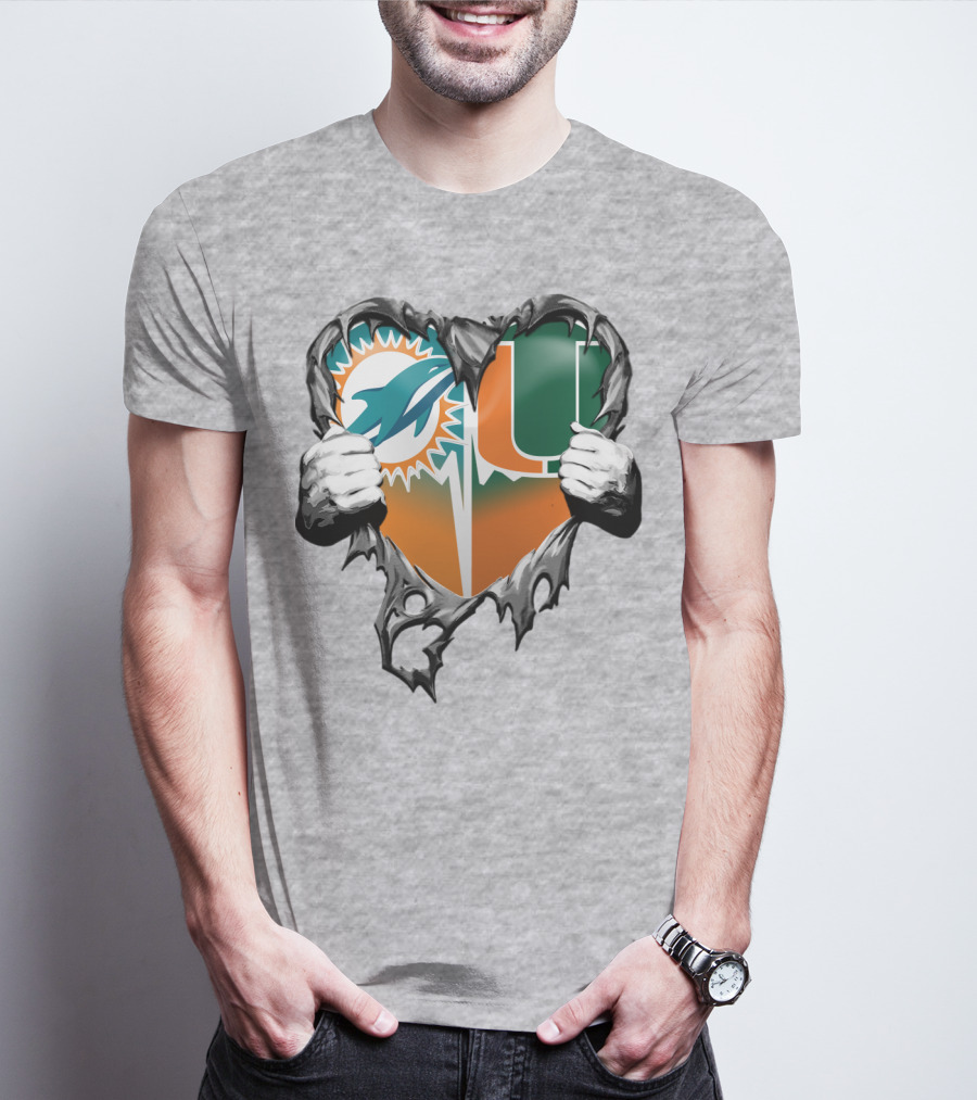 Miami Dolphins And Miami Hurricanes Heart T-Shirt