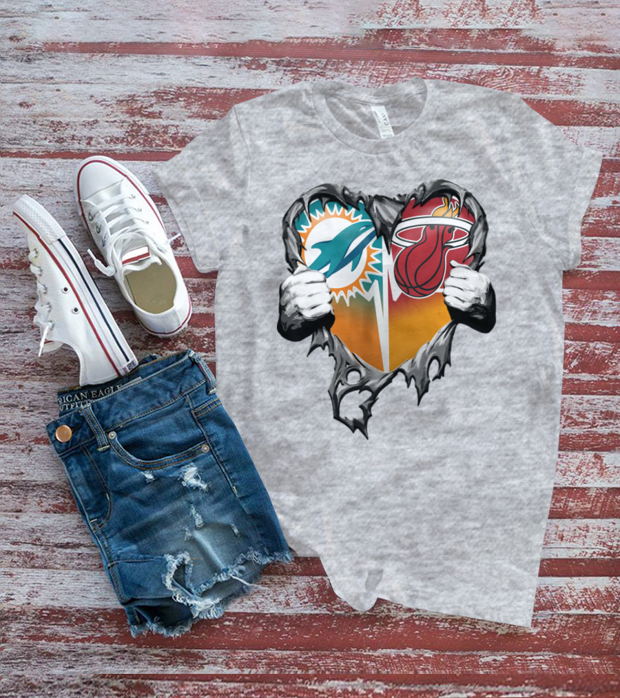 Miami Dolphins Miami Heat Heart Hands T-Shirt
