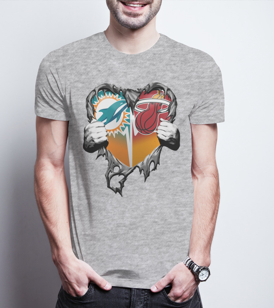 Miami Dolphins Miami Heat Heart Hands T-Shirt