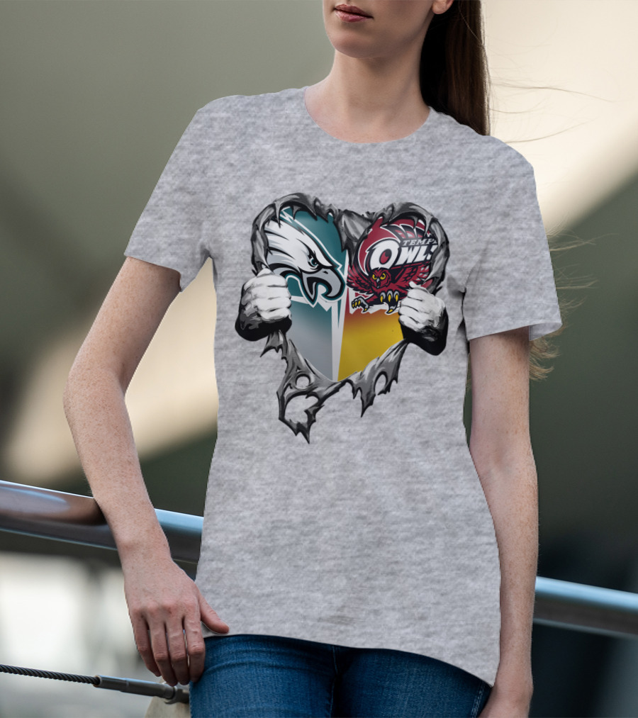 Philadelphia Eagles Temple Owls Heart Logo Rip T-Shirt
