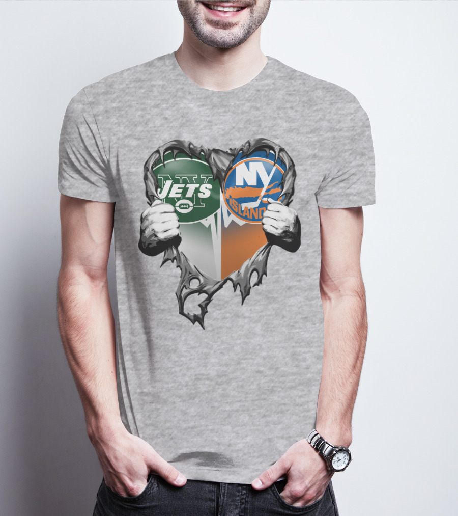 Jets Islanders Heart Rip Torn Metal Hands T-Shirt
