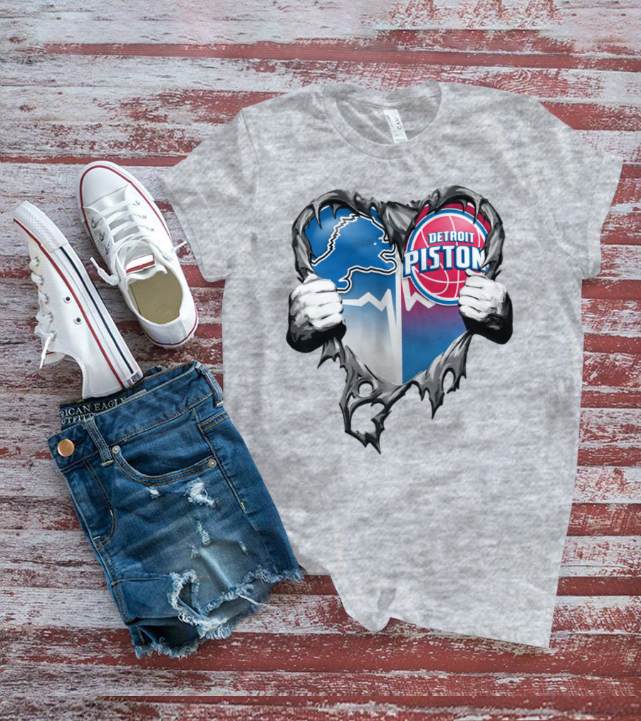 Detroit Lions And Detroit Pistons Heart Logo Fusion T-Shirt