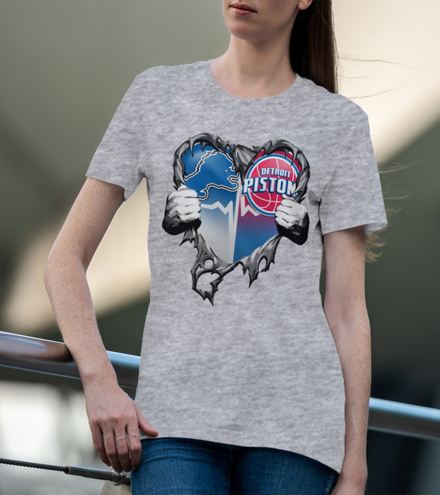 Detroit Lions And Detroit Pistons Heart Logo Fusion T-Shirt