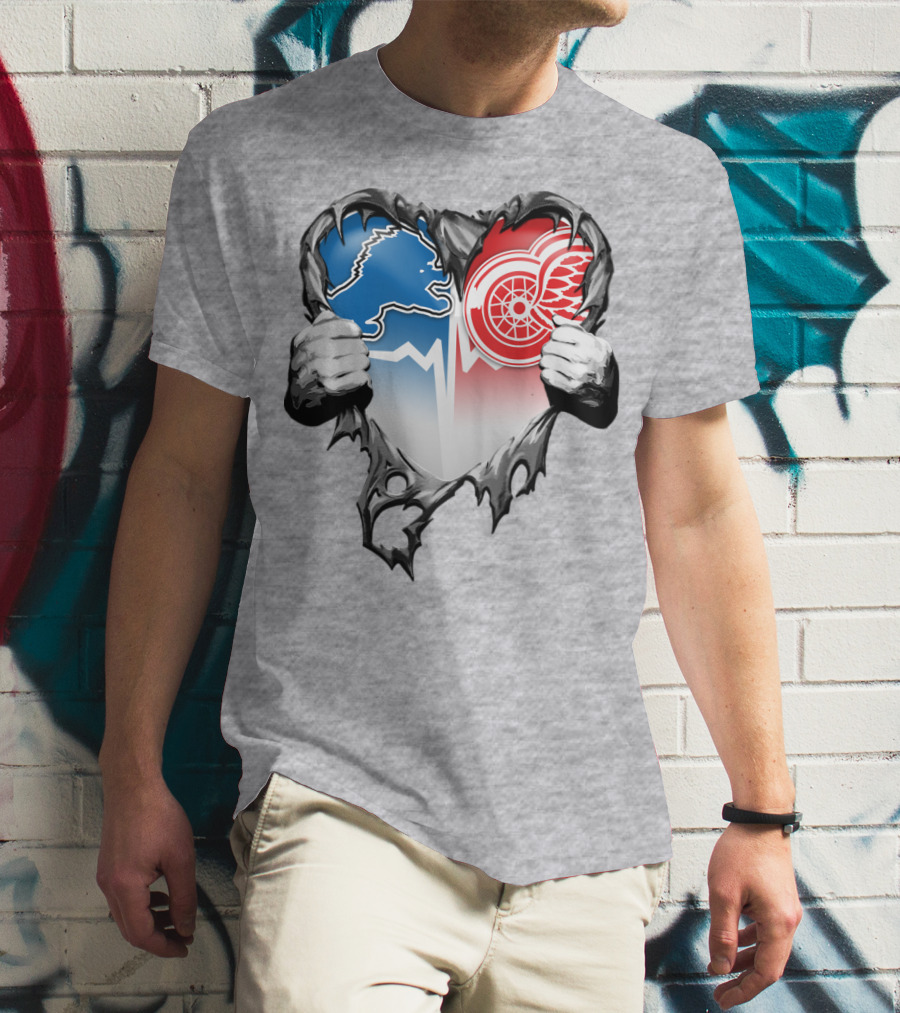 Xatt073 Detroit Lions Red Wings Heart Rip T-Shirt