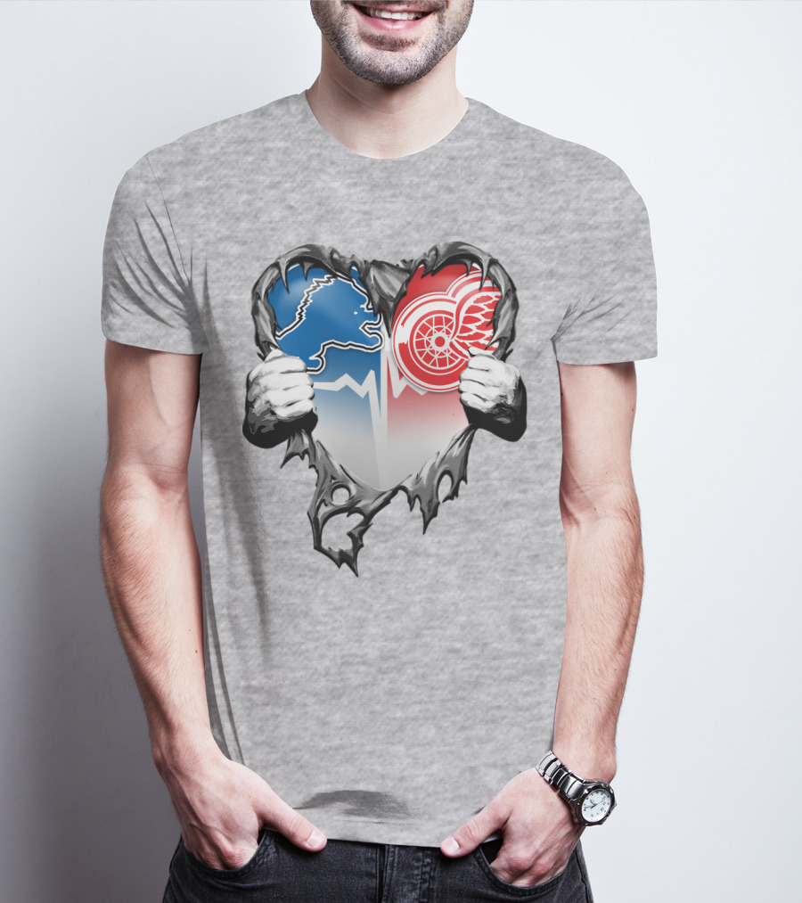 Xatt073 Detroit Lions Red Wings Heart Rip T-Shirt