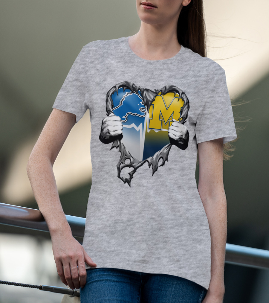 Detroit Lions And Michigan Wolverines Split Heart T-Shirt